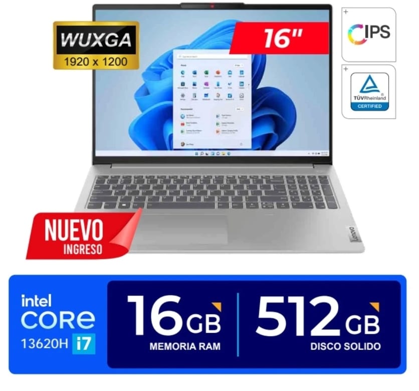 Lenovo Ideapad Slim 5 16IRL8, Core I7-13620H 2.4 - 4.9GHz, 16GB DDR5, 512GB NVMe, 16 WUXGA IPS 1920x1200, Webcam FHD, Bluetooth, WiFi, Win11, Gris, Teclado Español